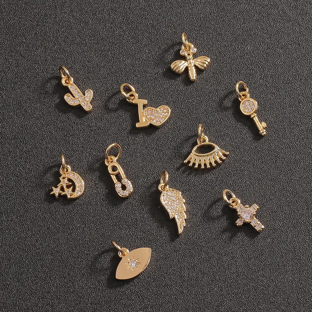 DIY Jewelry Charms Making Gold Plated Brass Zircon Cross Cactus Key Bee Eye Wings Moon Star Heart Paperclip Pendants