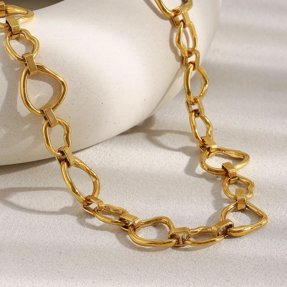 Irregular Link Chain Necklace 18K Gold Plated Stainless Steel Geometric Polished Chunky Hip Hop Style Jewelry For Women
