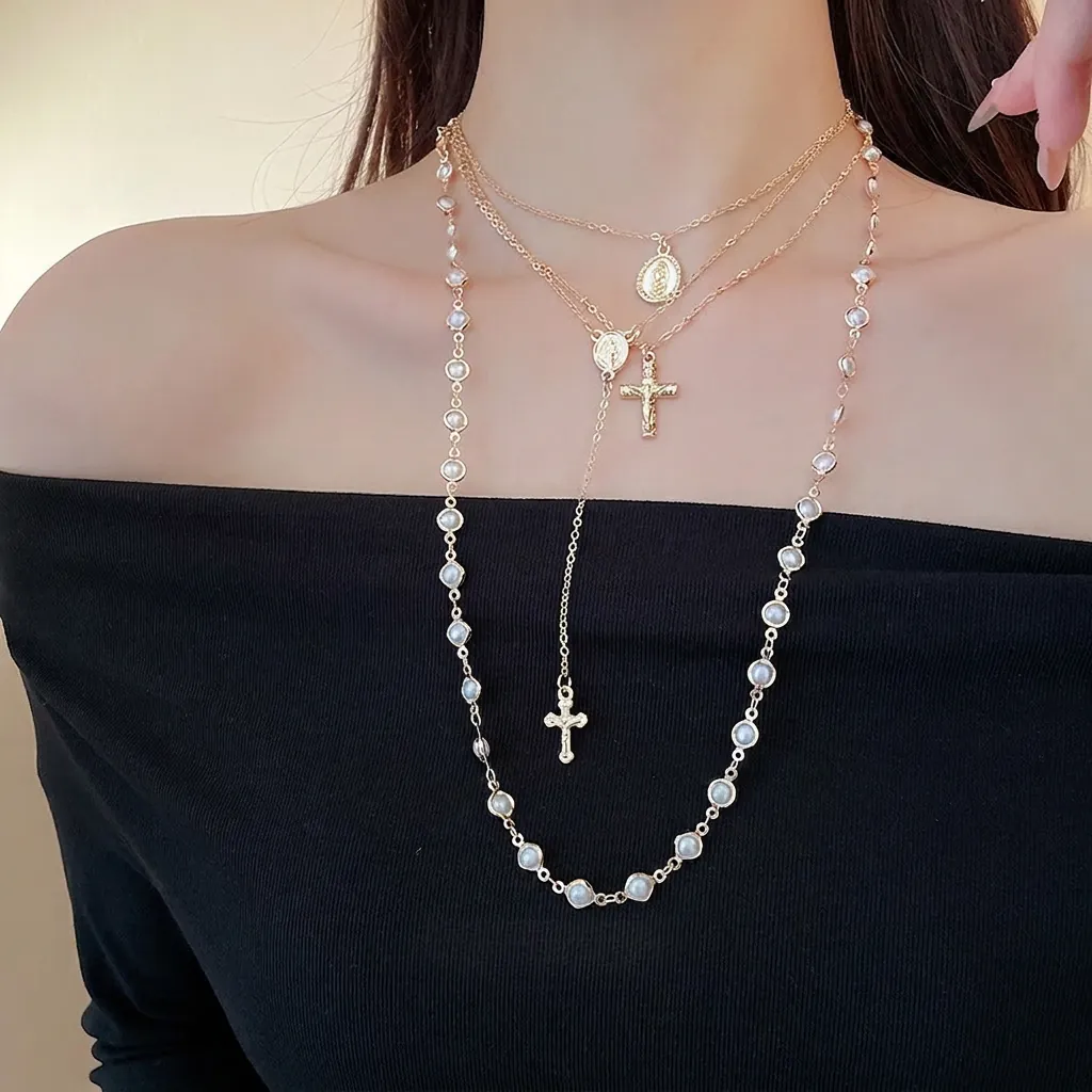 Vintage Multi Layer Necklace For Women Faux Artificial Pearl Cross Virgin Mary Medal Alloy Clavicle Chain Retro Jewelry