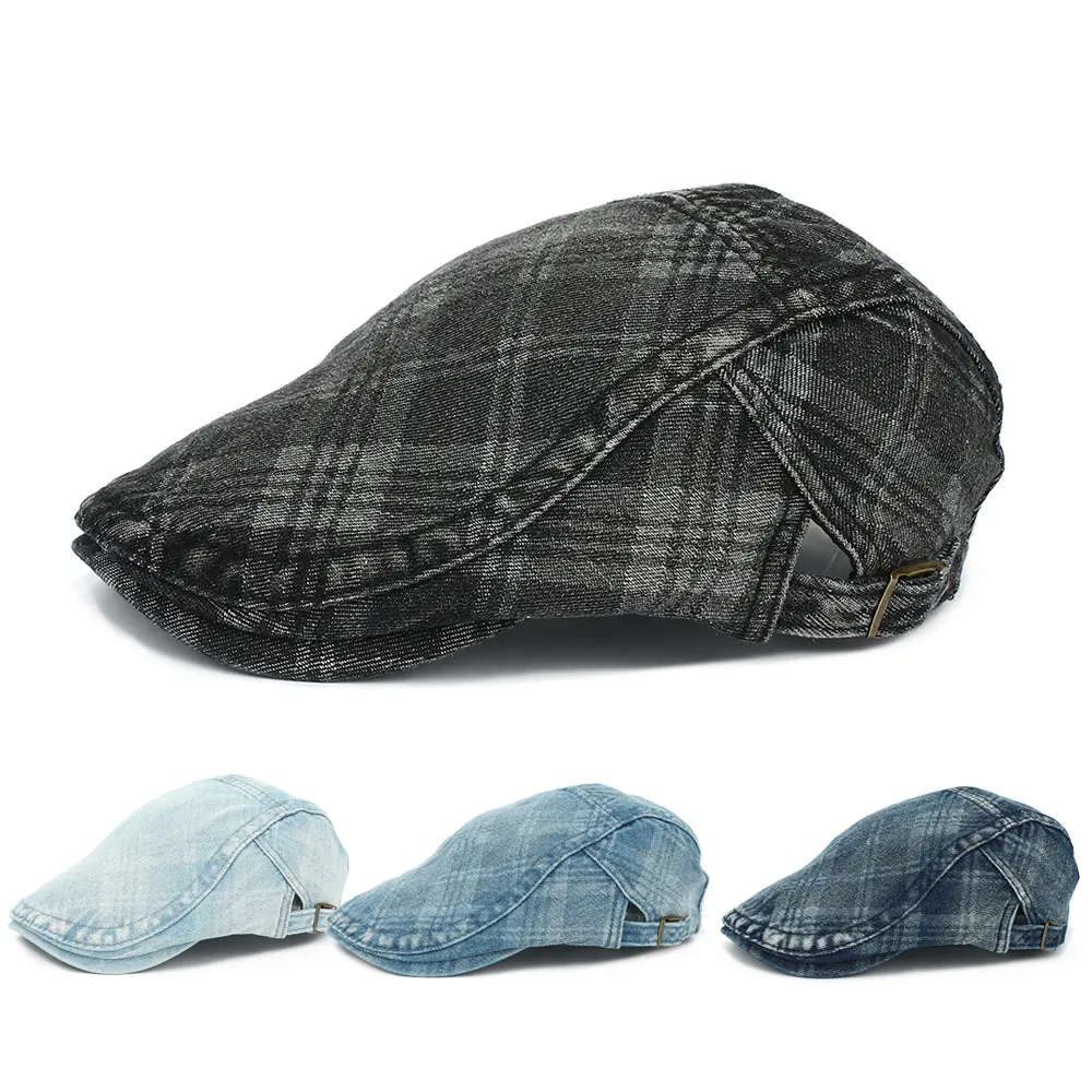 Vintage Washed Denim Ivy Cap Retro Plaid Flat Hat Adjustable Cotton British Style Casual Beret