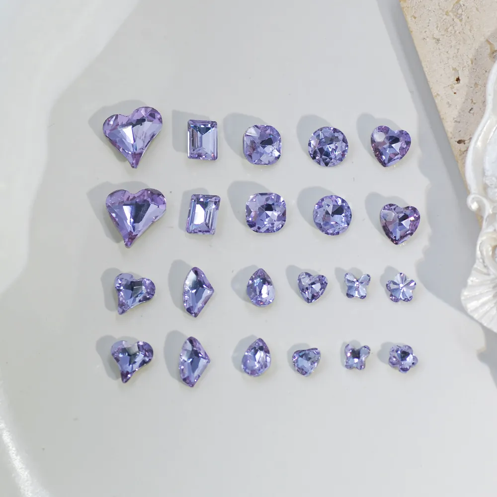 Purple K9 Crystal Nail Art Rhinestones Pointed Back Sparkling Heart Butterfly Flower Shaped Charms For DIY Manicure Decoration