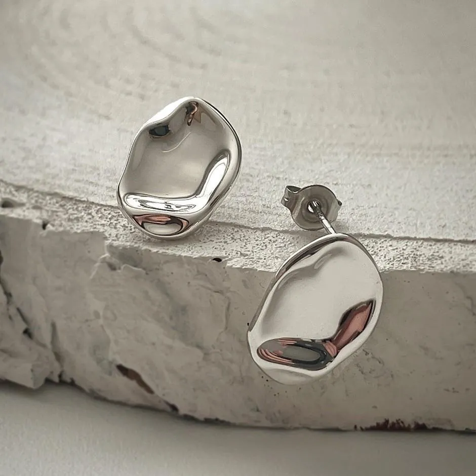 925 Sterling Silver Irregular Liquid Metal Stud Earrings Minimalist Organic Wrinkled Design Chic Jewelry For Women