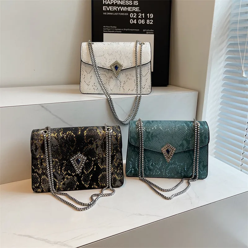 Women Crossbody Bag PU Leather Snake Pattern Metal Chain Strap Rhinestone Blue Gemstone Buckle Fashion Square Handbag