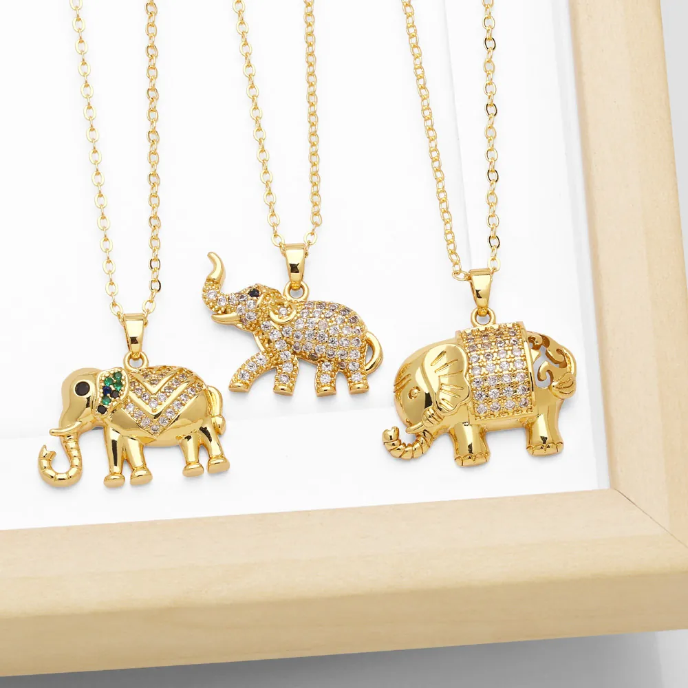 Elephant Pendant Necklace Gold Plated Brass With Colorful Zircon Fashion Animal Jewelry Gift For Women