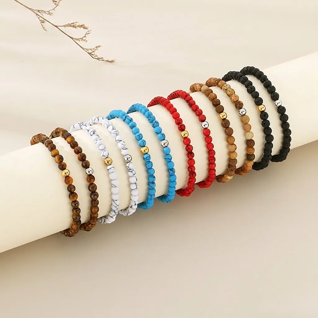 Bracelet Perles Pierre Naturelle Oeil De Tigre Lave Chaîne Acier Inoxydable Réglable Bijoux Rétro Homme Femme