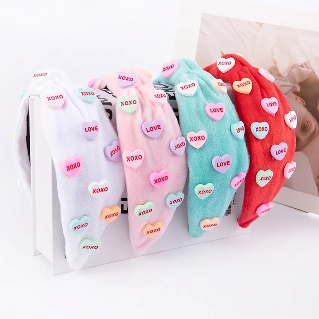 Plush Knotted Headband With Colorful Resin Heart Charms XOXO Love Lettering Valentine Day Hair Accessory For Women Girls