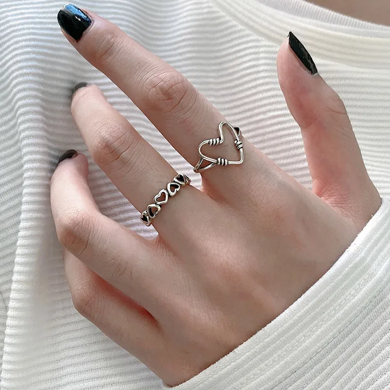 925 Sterling Silver Hollow Heart Rings For Women Sweet Retro Fashion Punk Adjustable Open Rings Heart Jewelry Gift