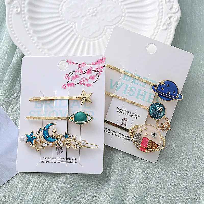 Alloy Enamel Hair Clips With Rhinestone Artificial Pearl Star Moon Planet Starry Sky Galaxy Design For Women Girls Decorative