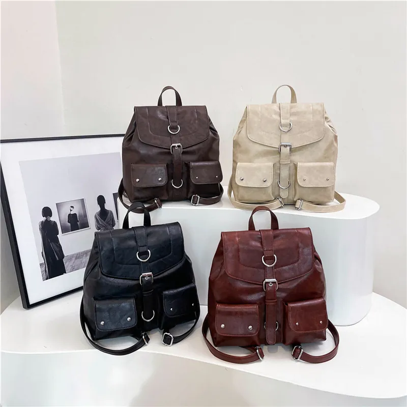 Vintage Preppy Women Backpack PU Leather Multi Pocket Daily Travel School Rucksack Stylish Retro Laptop Bag Solid Color