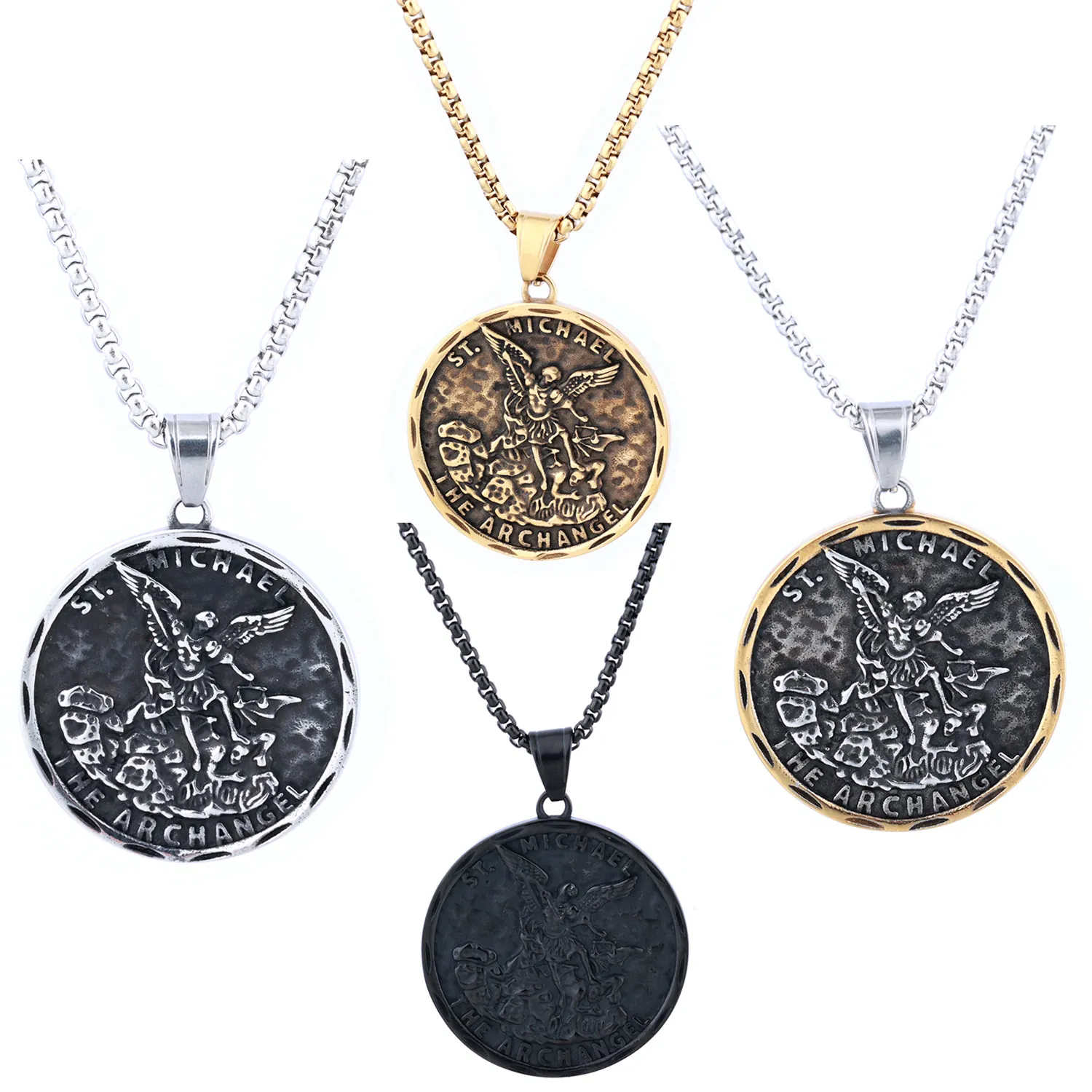 Collier Pendentif Saint Michel Archange Acier Inoxydable Médaillon Religieux Relief Gaufré Bijoux Punk Rétro Pour Hommes