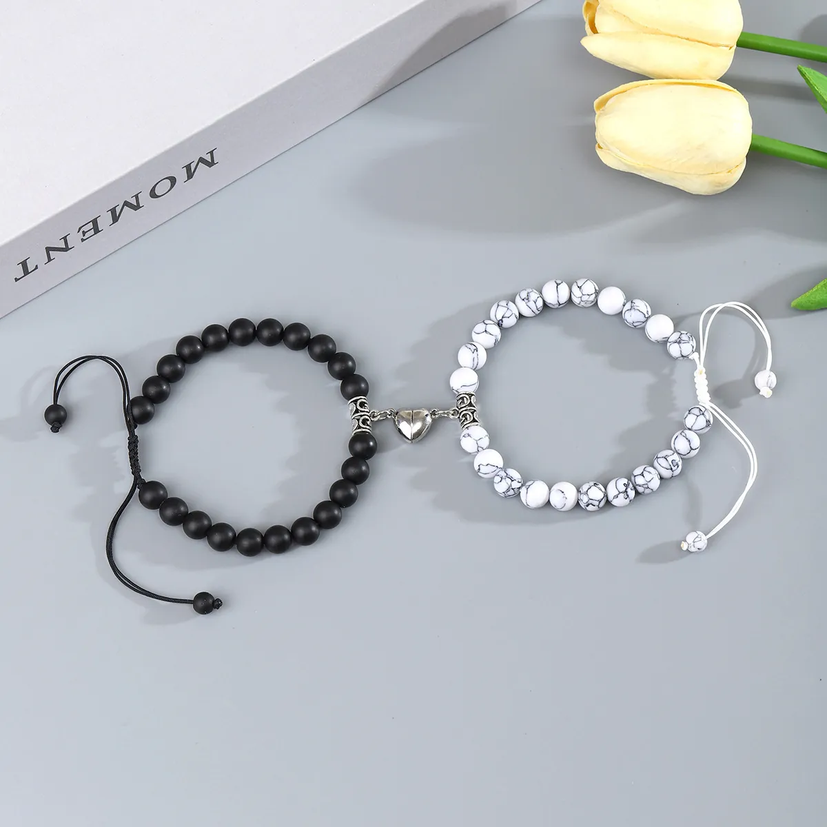 Magnetic Couple Bracelets Heart Magnet Matte Black Glass White Howlite Natural Stone Beaded Adjustable Rope Gift
