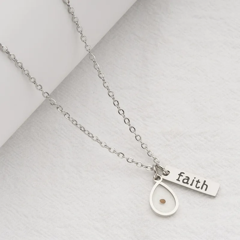 Faith Engraved Stainless Steel Necklace With Mustard Seed Heart Teardrop Pendant Minimalist Religious Jewelry For Men Women