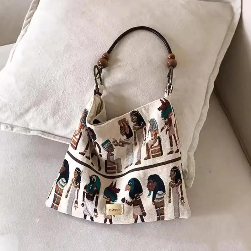 Vintage Egyptian Pharaoh Jacquard Canvas Tote Bag With Wood Beads Retro Shoulder Handbag Large Capacity For Women
