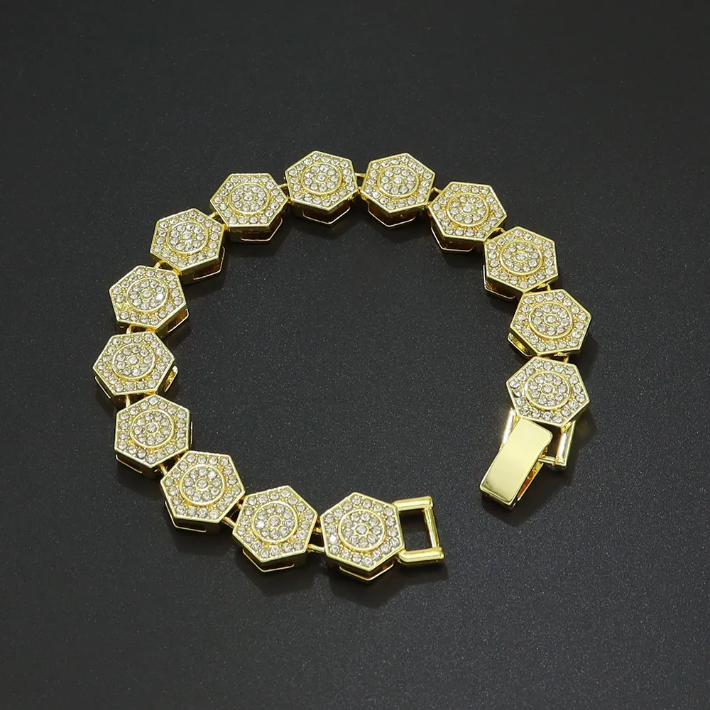 Hip Hop Hexagonal Link Bracelet Alloy Iced Out Rhinestone Men Unisex Geometric Jewelry Cool Streetwear Accessory