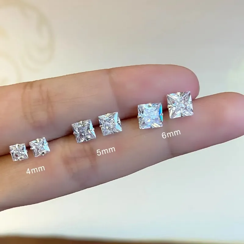 Minimalisti Orecchini a Bottone in Argento Sterling 925 con Zirconia Quadrata per Donna Geometrici Ipoallergenici Gioielli