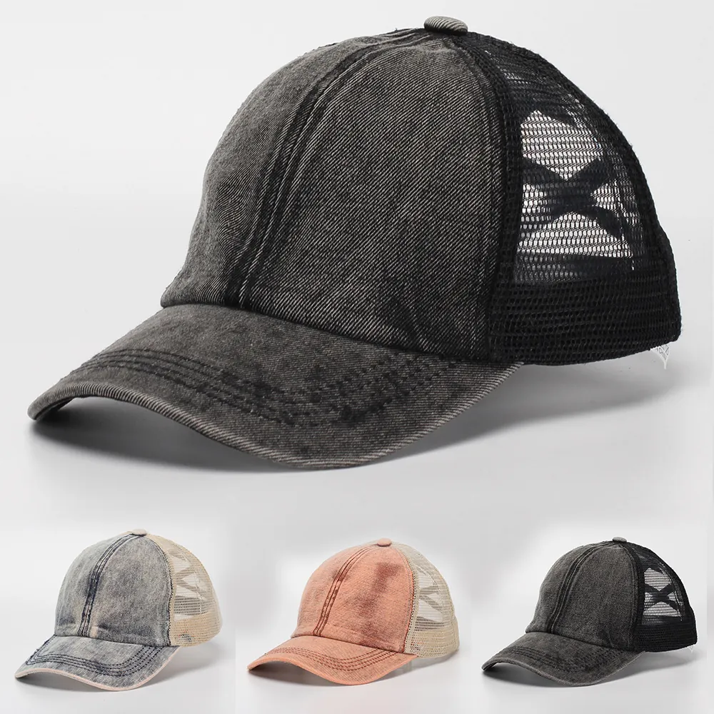 Women Ponytail Baseball Cap Washed Distressed Denim Mesh Trucker Hat Breathable Adjustable Cross Band Sun Protection