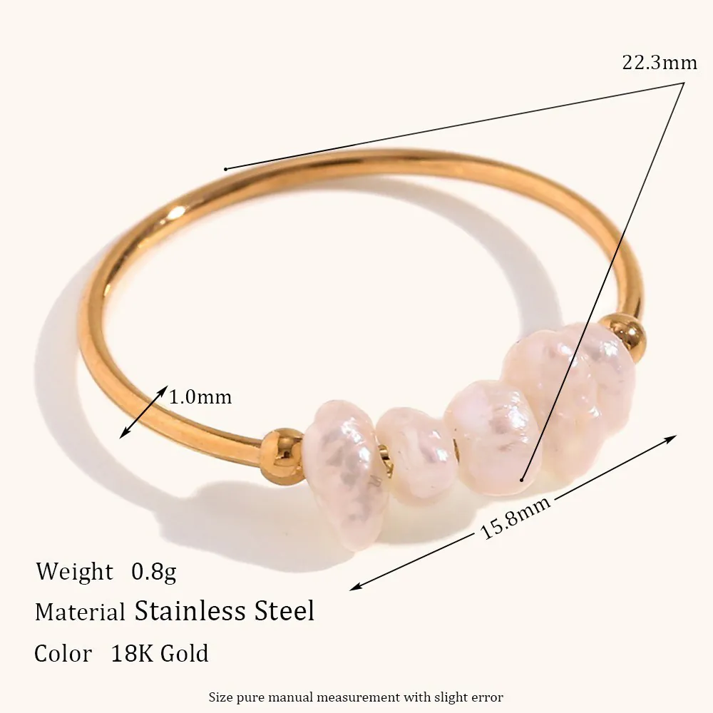 Anello in Acciaio Inossidabile Placcato Oro 18K con Perla d'Acqua Dolce per Donna Minimalista Moda Gioielli Geometrici