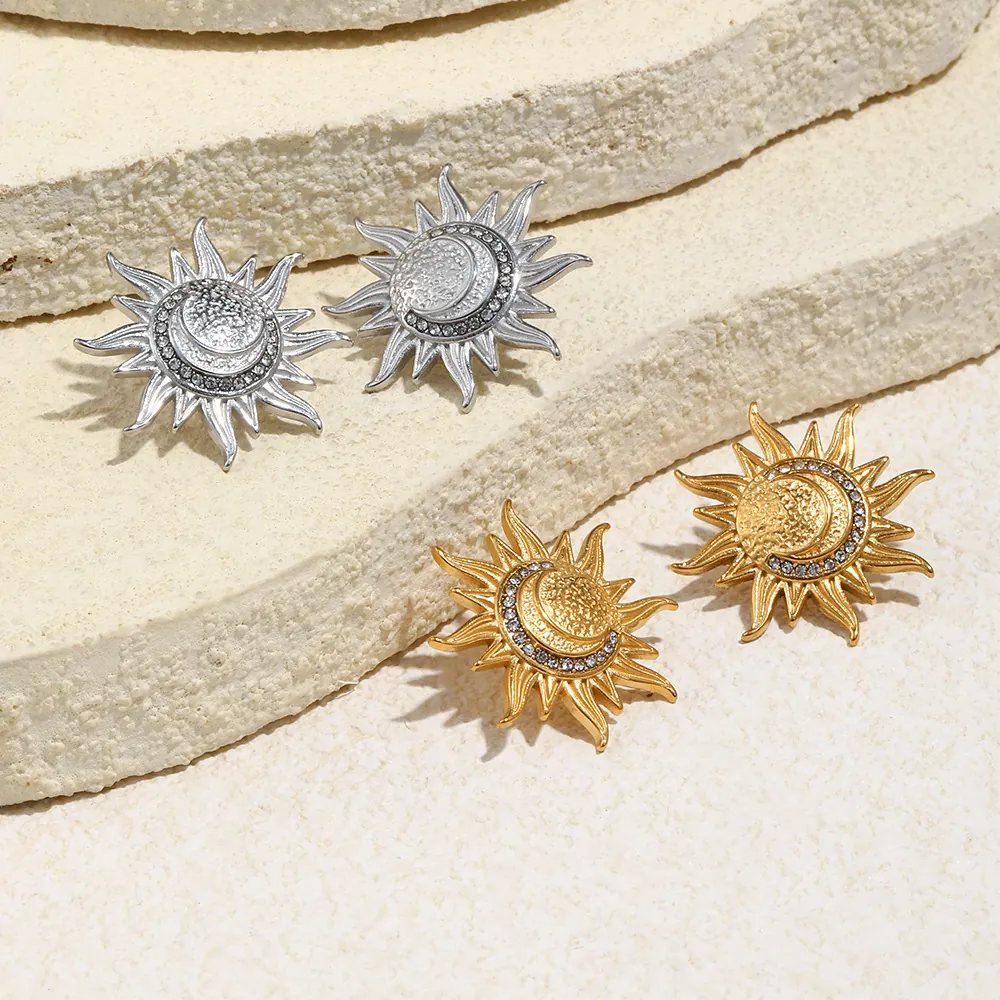 Sun And Moon Stud Earrings Stainless Steel Rhinestone 18K Gold Plated Bohemian Vintage Celestial Jewelry For Women