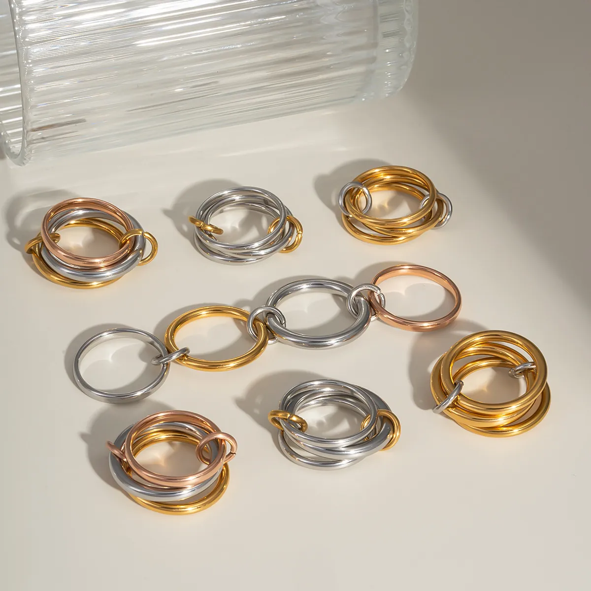 Interlocking Stackable Rings Stainless Steel Non-Tarnishing Waterproof Minimalist Geometric High Polished For Men Women