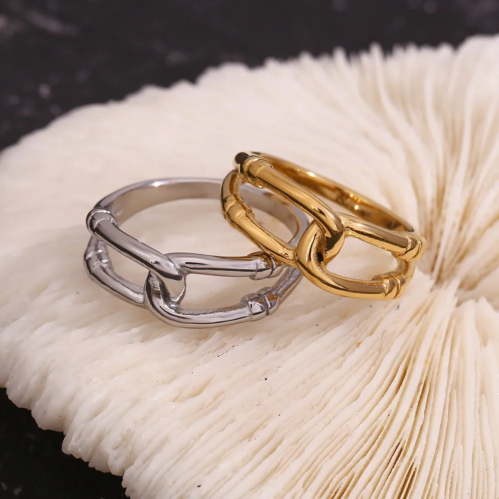 Minimalist Stainless Steel Hollow Knot Wrap Open Ring For Women 18K Gold Plated Bamboo Style Double Layer Fashion Finger Jewelry