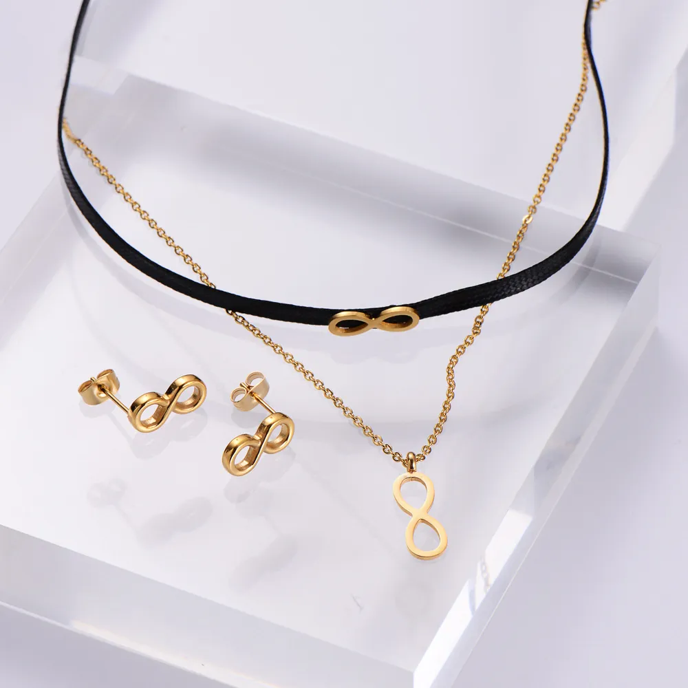 Ensemble de Bijoux Minimaliste en Acier Inoxydable Symbole de l'Infini Collier Double Couche Boucles d'Oreilles Femme