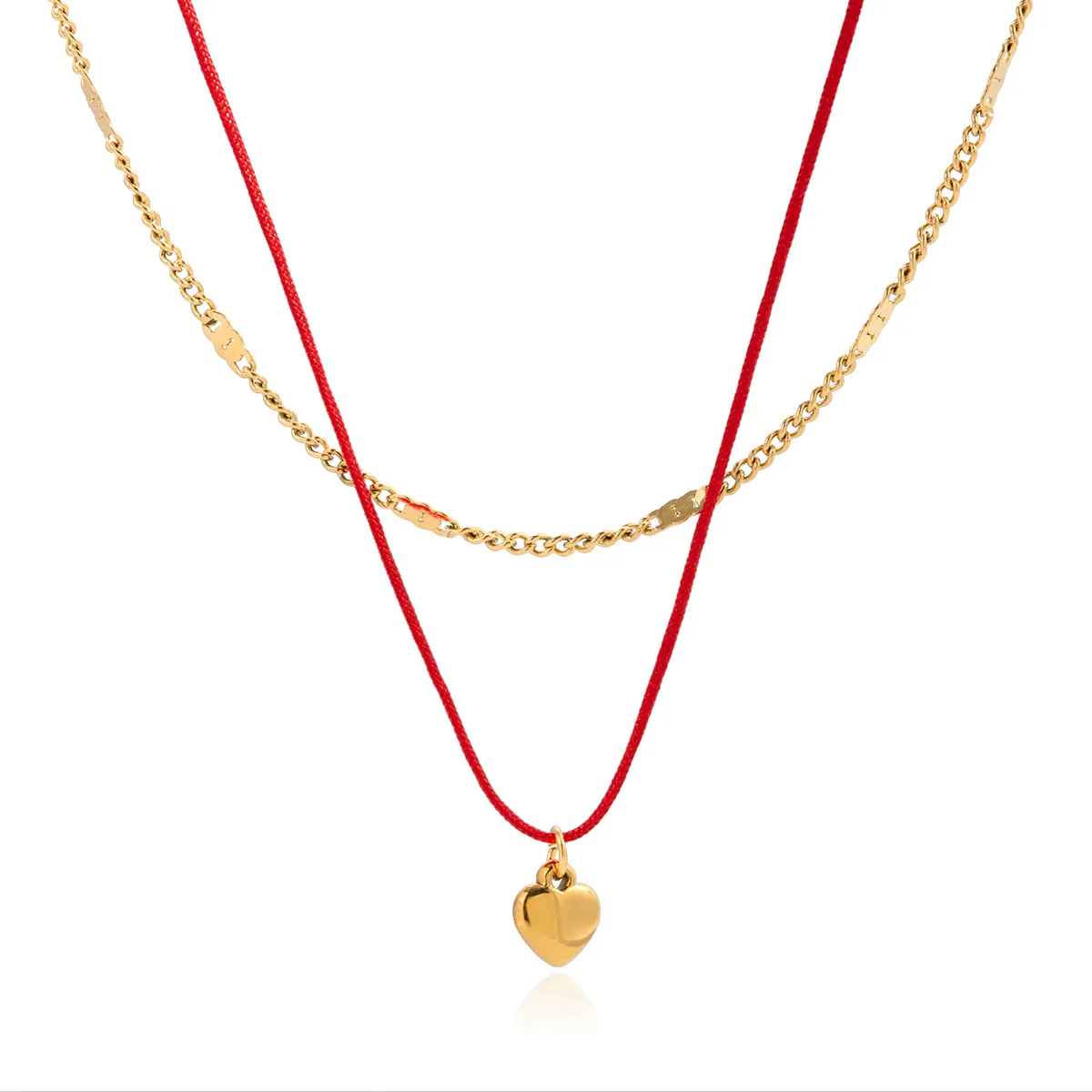 Collier Double Couche avec Pendentif Cœur en Acier Inoxydable Plaque Or 18K Bijoux Corde Rouge pour Femme Mode Quotidienne