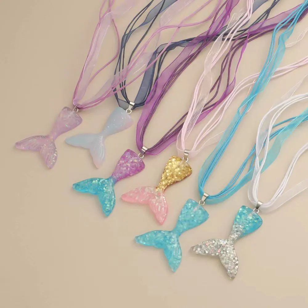 Collier Pendentif Queue De Sirène Résine Dégradée Paillettes Avec Chaîne En Acier Inoxydable Et Ruban De Satin Bijoux Enfants
