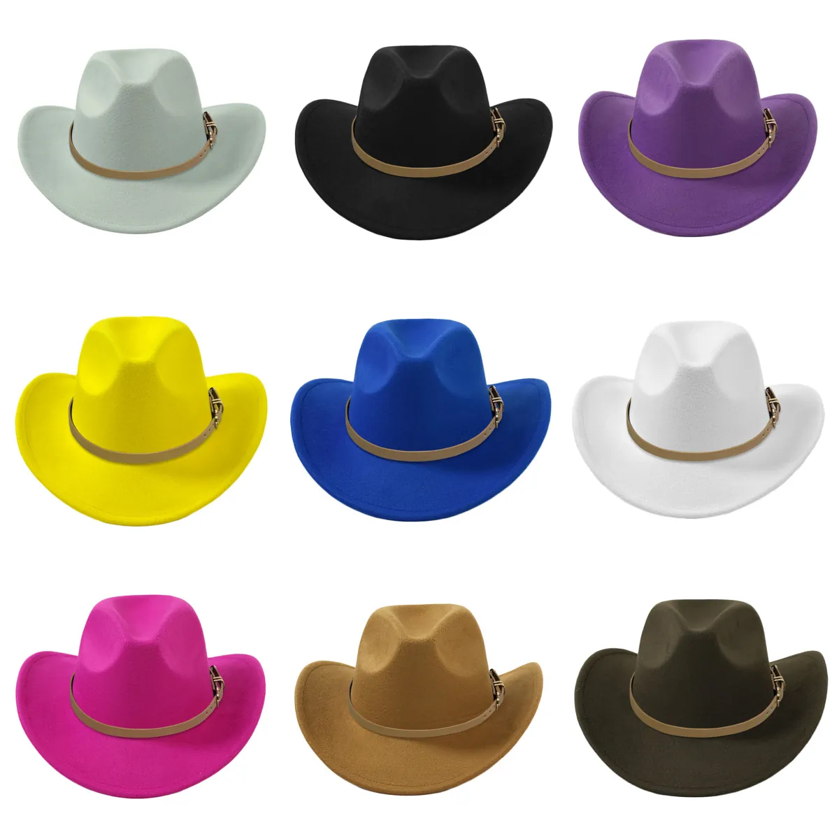 Western Cowboy Hat Wide Brim Felt Fedora With Leather Band Metal Buckle Vintage Style For Men Women