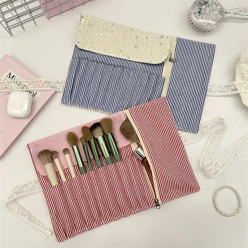 Makeup Brush Storage Bag Roll Portable Polyester Star Pattern Lace Tie Organizer For Travel Beauty Tools