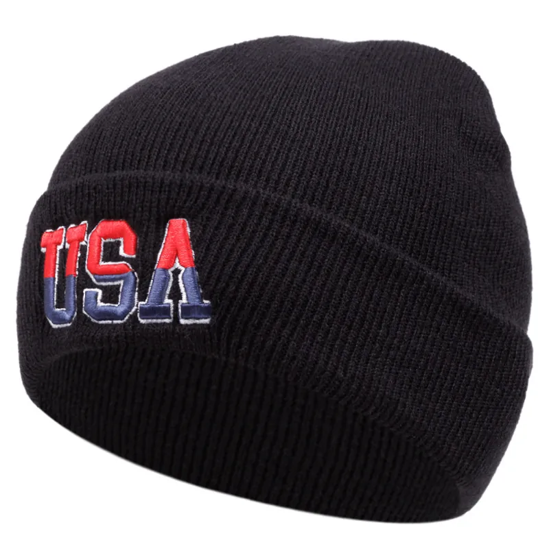 USA Embroidery Knit Beanie Hat Warm Winter Ribbed Acrylic Cotton Outdoor Skull Cap For Men And Women