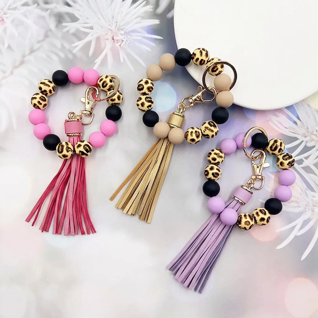 Fashion Silicone Beaded Keychain Wristlet For Women Leopard Print Wood Bead Keychain With Faux Leather Tassel Gold Metal Key Ring