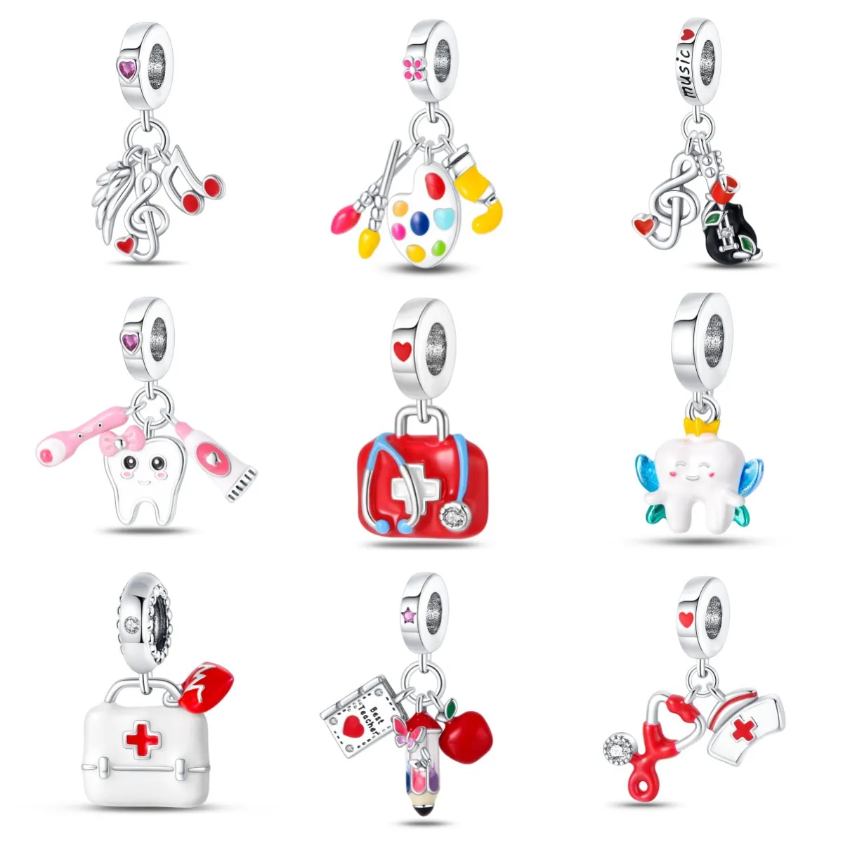 Professional Career Charm Beads For DIY Bracelets 925 Sterling Silver Enamel Music Medical Dental Teacher Theme