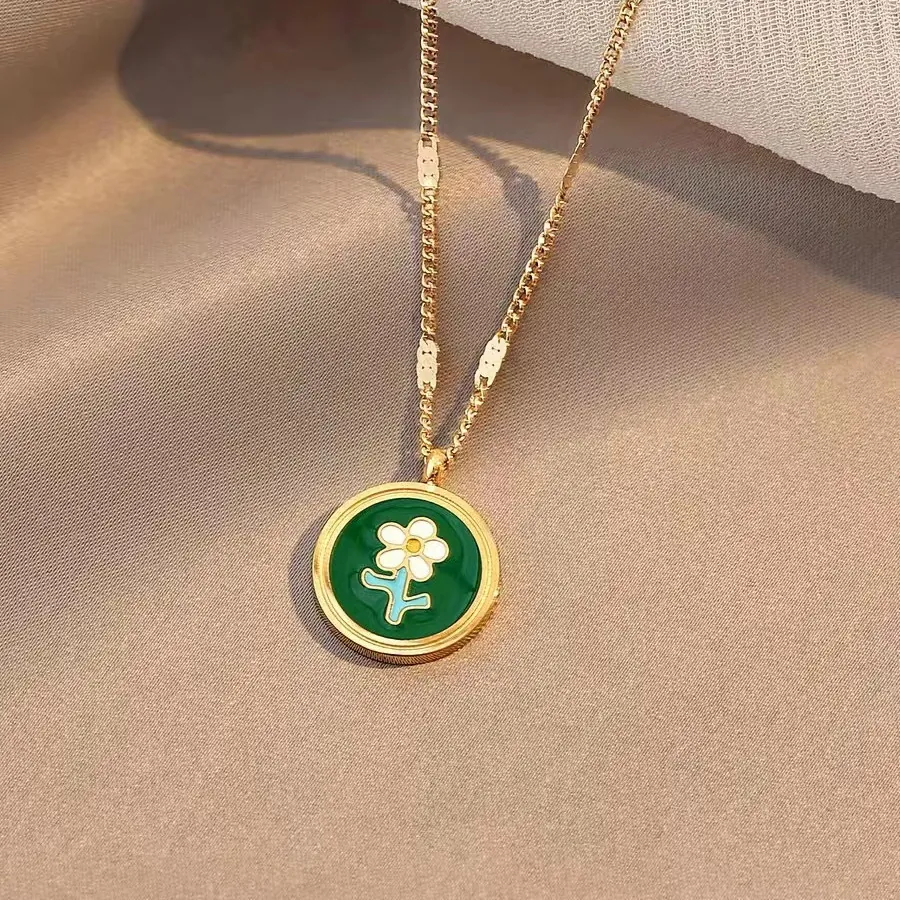 Daisy Flower Pendant Necklace Stainless Steel 18K Gold Plated Green Enamel Round Medallion Vintage Style Women