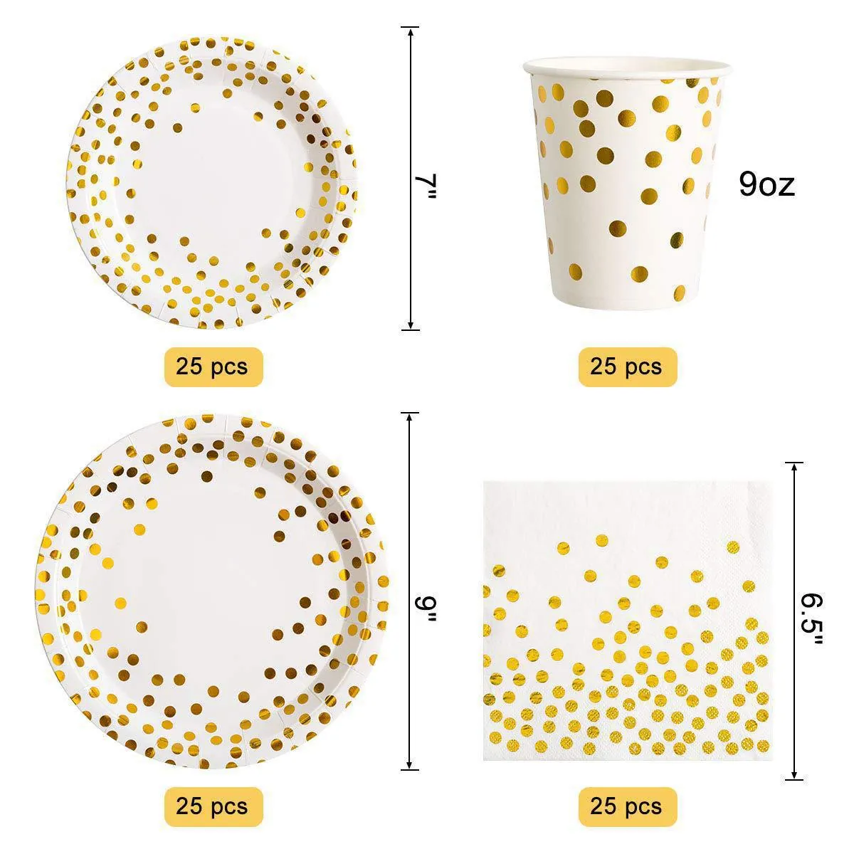 Gold Polka Dot Disposable Tableware Paper Plates Cups Napkins Straws Knives Forks Spoons For Birthday Party Wedding