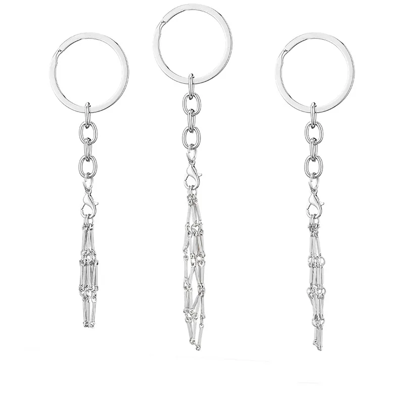 Handmade Zinc Alloy Woven Mesh Cage Keychain Holder Geometric Crystal Stone Support Net Pendant Key Ring DIY Ornament Gift For Unisex