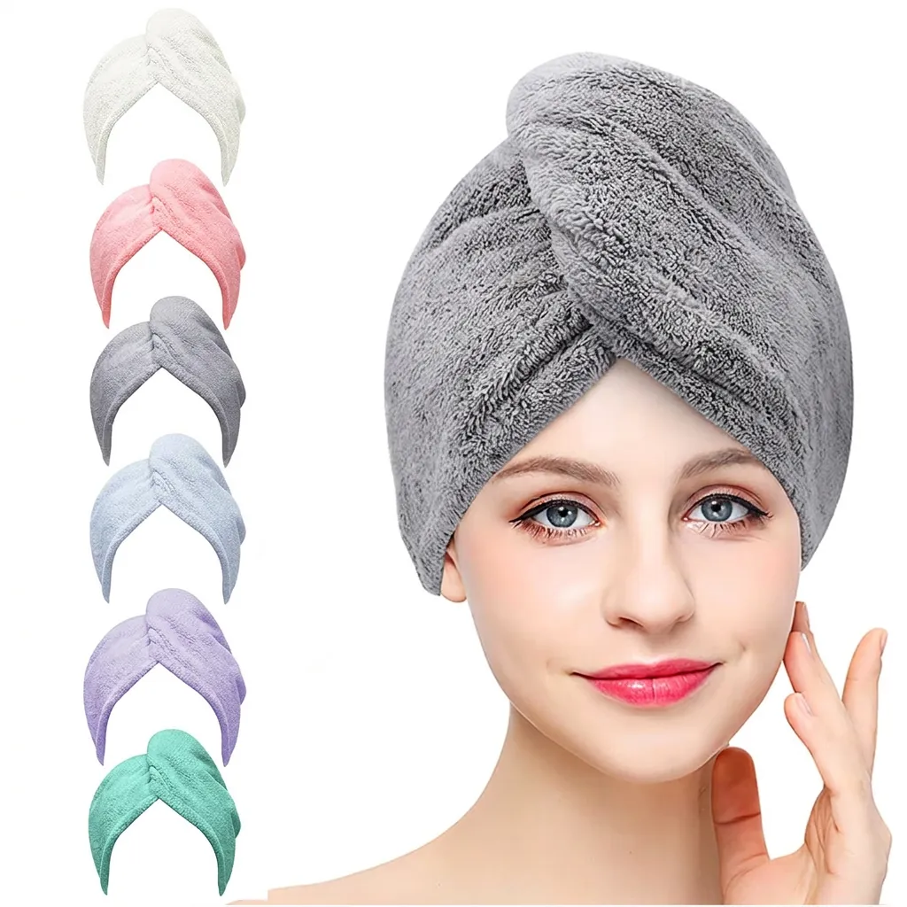 Microfiber Hair Drying Cap Coral Fleece Super Absorbent Quick Dry Hair Turban Towel With Button For Women Girls Thickened