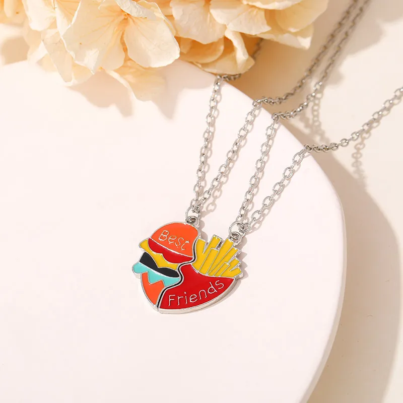 Best Friends Necklace Set Cute Burger Fries Heart Split Enamel Pendant Silver Color Alloy Chain BFF Friendship Jewelry Gift