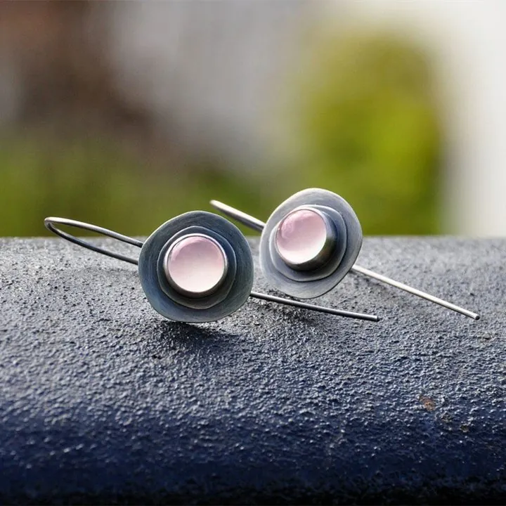 Vintage Pink Moonstone Round Dangle Earrings For Women Elegant Geometric 925 Sterling Silver Hook Earrings Retro Jewelry