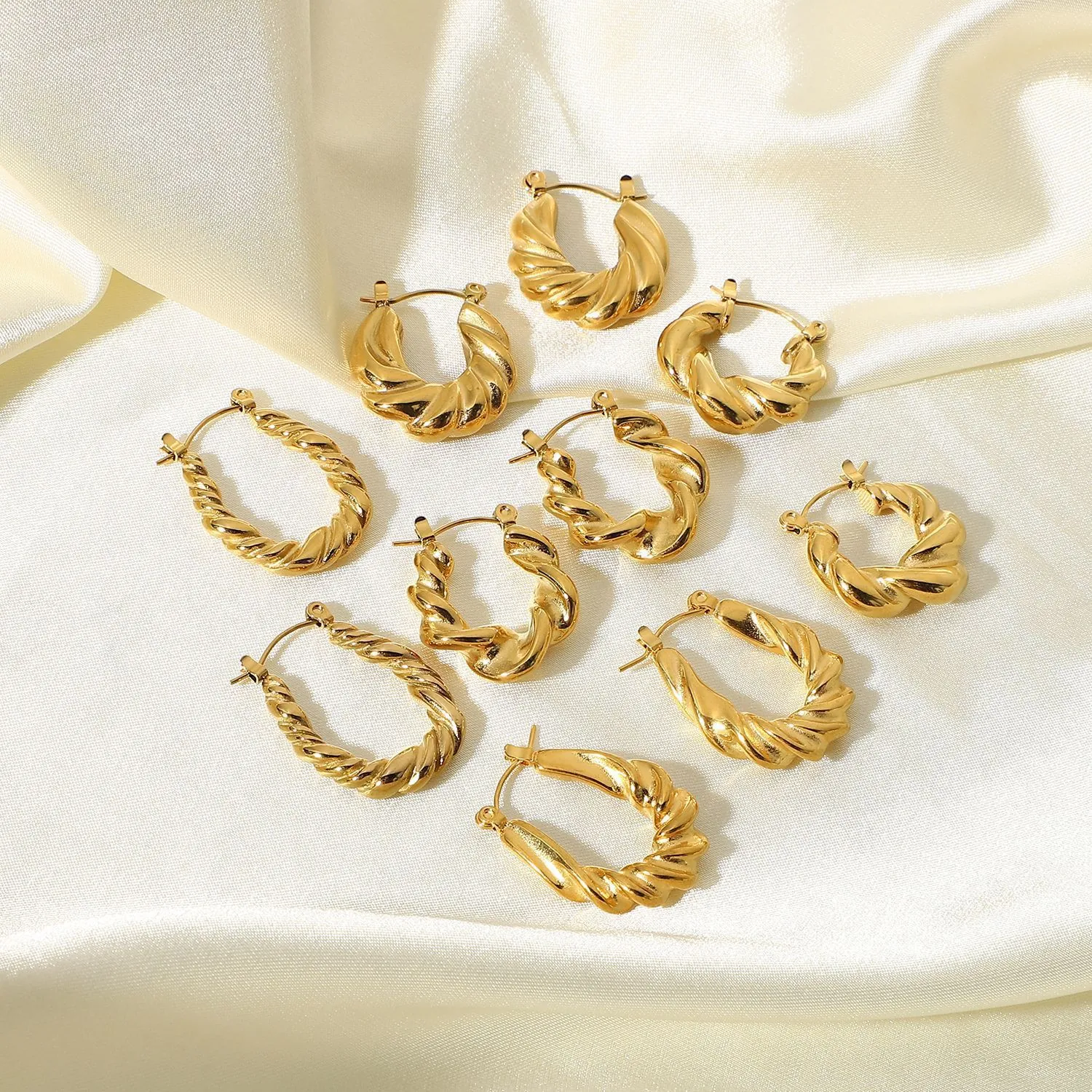 Croissant Hoop Earrings 316 Stainless Steel 18K Gold Plated Twisted Chunky Geometric French Retro Style Jewelry For Women