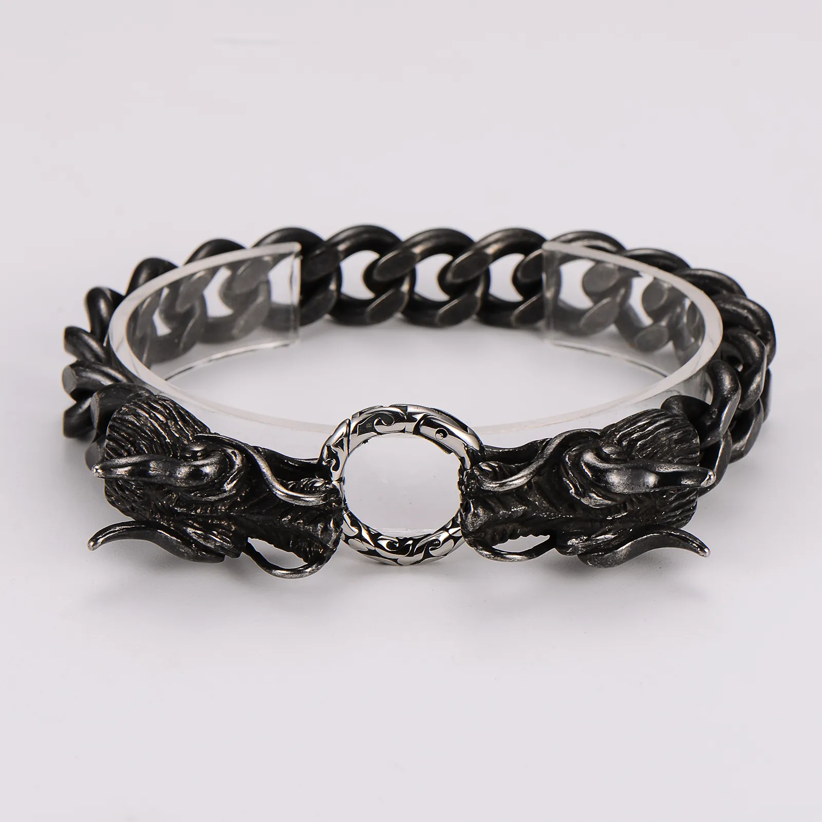 Dragon Head Cuban Chain Bracelet Stainless Steel Viking Retro Punk Jewelry For Men With O-Ring Clasp Black Silver