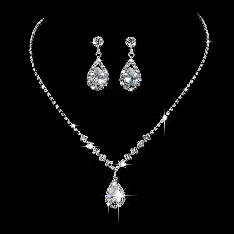 Gioielli Sposa Collana Orecchini Bracciale Rame Placcato Argento Zirconia Strass Goccia Acqua Matrimonio Per Donne