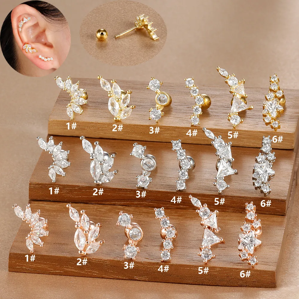 Stainless Steel Ear Cartilage Stud Earrings With Zircon Marquise Leaf Star Design Screw Ball Back Piercing Jewelry