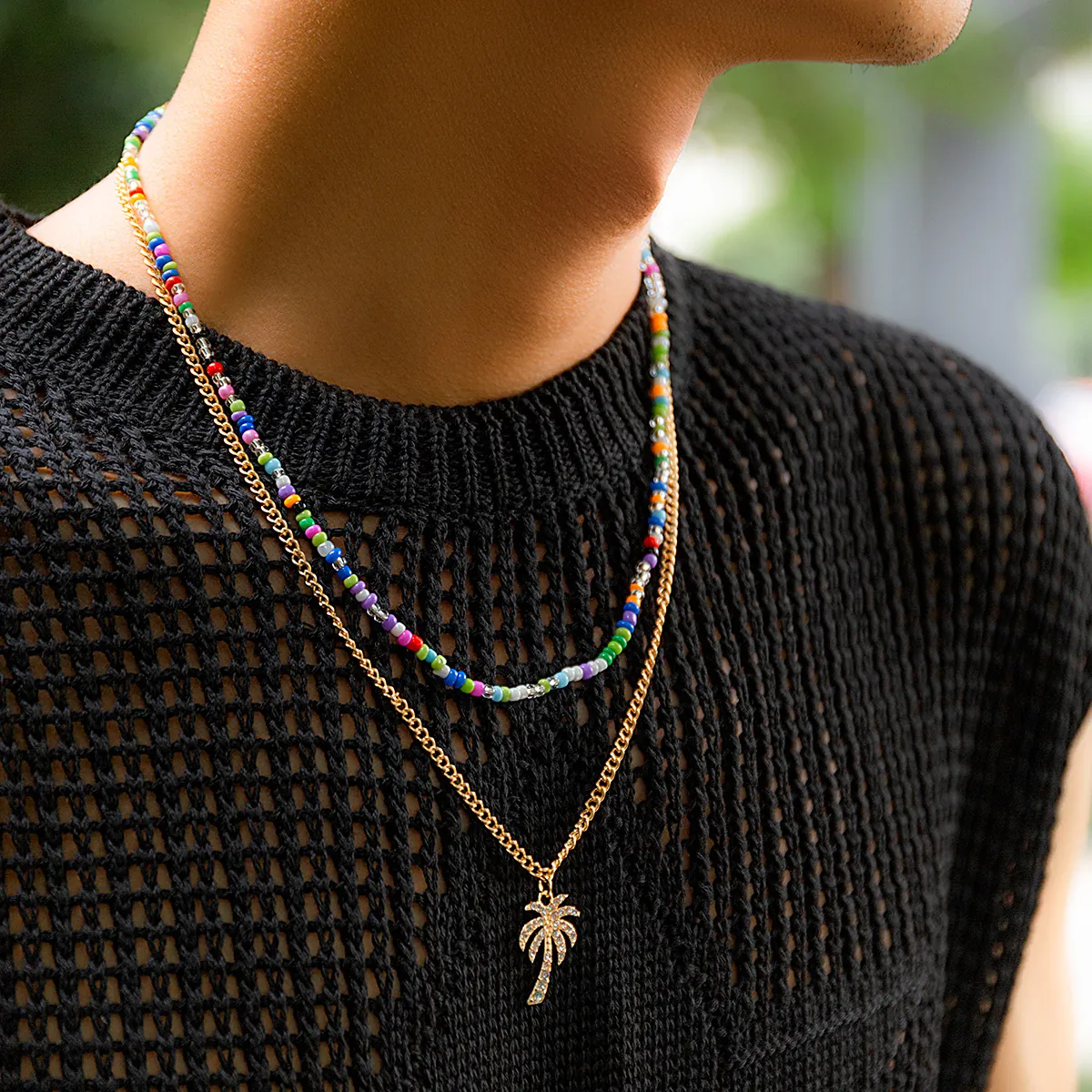 Layered Necklace Alloy Golden Chain Colorful Seed Beads Rhinestone Palm Tree Pendant Beach Summer Bohemian Jewelry Men