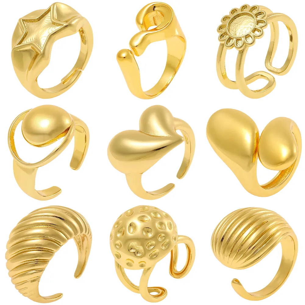 Trendy Copper Gold Plated Open Adjustable Rings For Women Minimalist Geometric Sunflower Heart Star Finger Rings Fashion Jewelry Gift