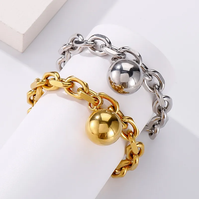 Stainless Steel Bracelet With Hollow Ball Pendant Thick Link Chain High Polished Fashion Jewelry For Women Men