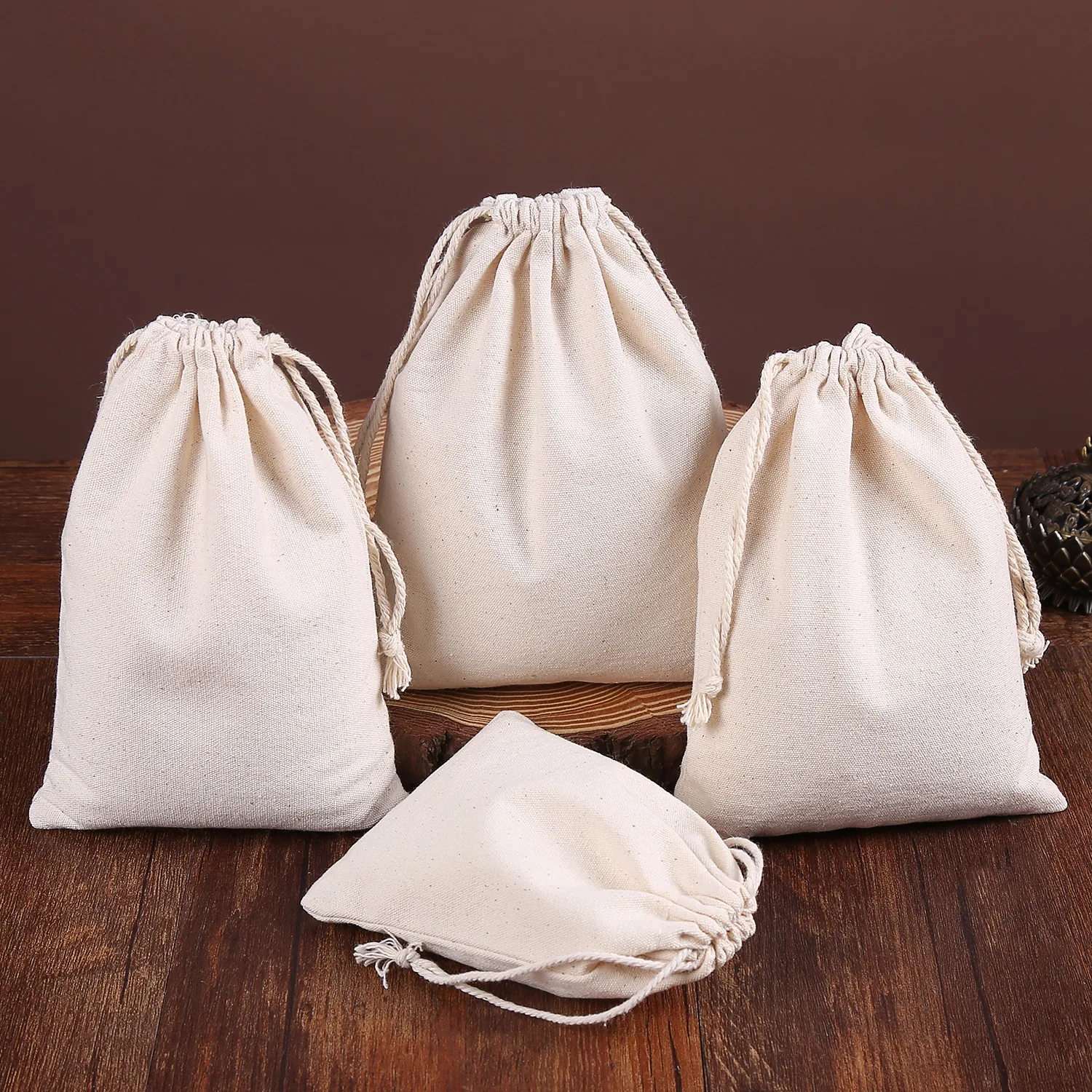 Drawstring Pouch Canvas Cotton Storage Bag Reusable Natural Beige Gift Packaging Pocket For Jewelry Tea Small Items