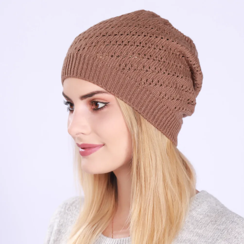 Women Men Slouchy Beanie Hat Thin Hollow Pointelle Knit Skull Cap Warm Windproof Acrylic Soft Pullover Hat Winter Autumn Accessory