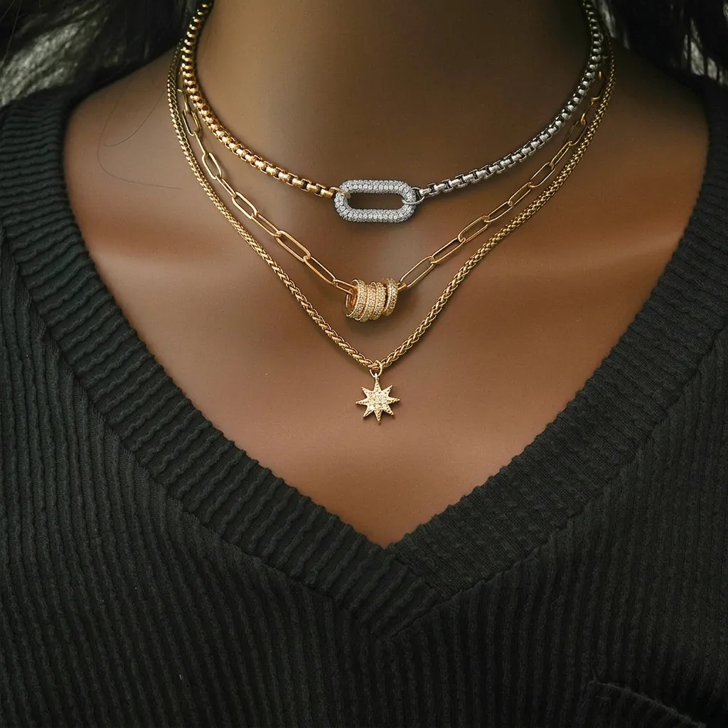 Stainless Steel 18K Gold Plated Brass Zircon Necklace Two-tone Retro Layered Choker Star Oval Pendant For Women