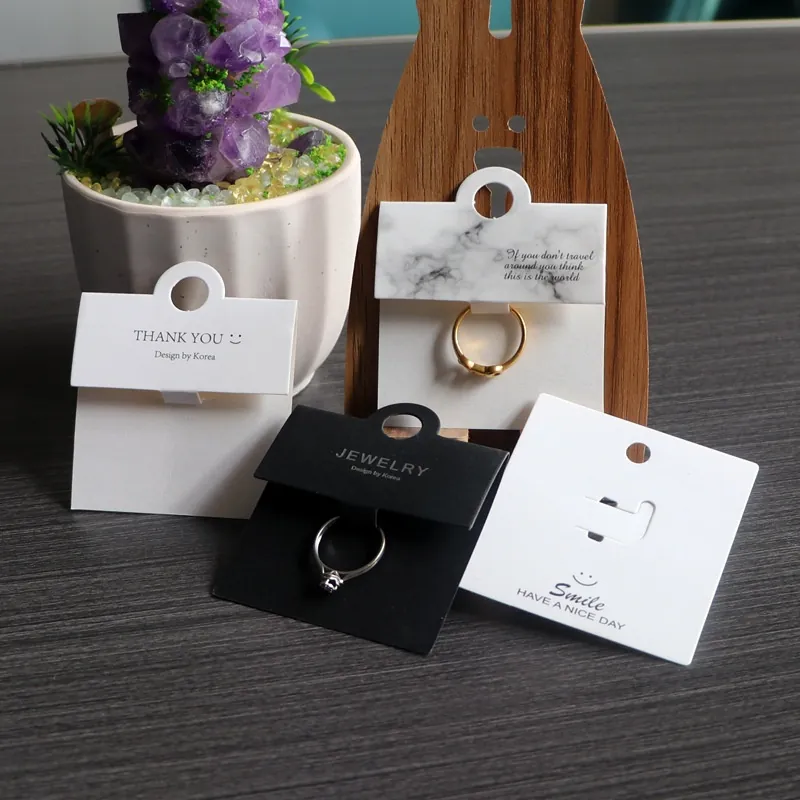 Minimalist Marble Pattern And Black Folding Jewelry Ring Display Cards With Hang Hole For Jewelry Retail Packaging Display Tags