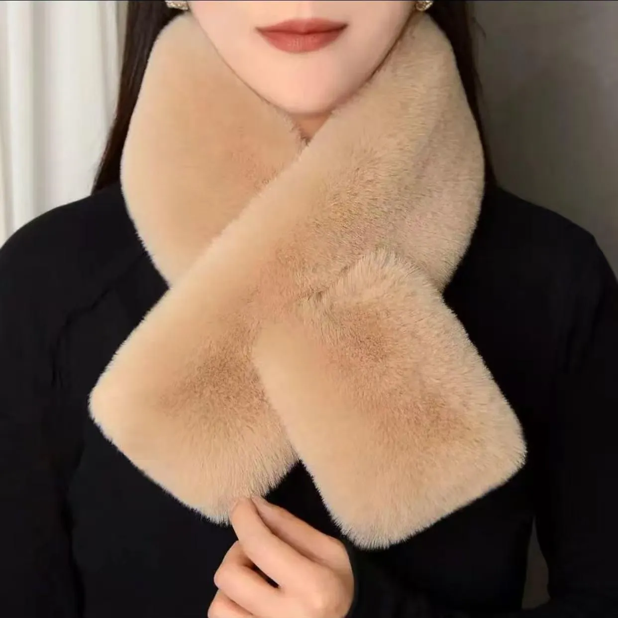 Women Faux Mink Fur Scarf Winter Warm Neck Warmer Soft Plush Solid Color Mid-length Scarf Elegant Fashion Ladies Accessory